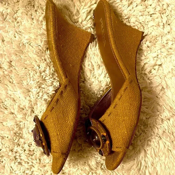 PRADA Calzature Donna Canvas Stone Embelished Wedge  Sandals size 37.5 /7 - Picture 4 of 7